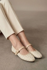 Women Beige Tweed Fabric Mary Jane Flats Fashion Buckle Comfortable Shoes Photograph-5